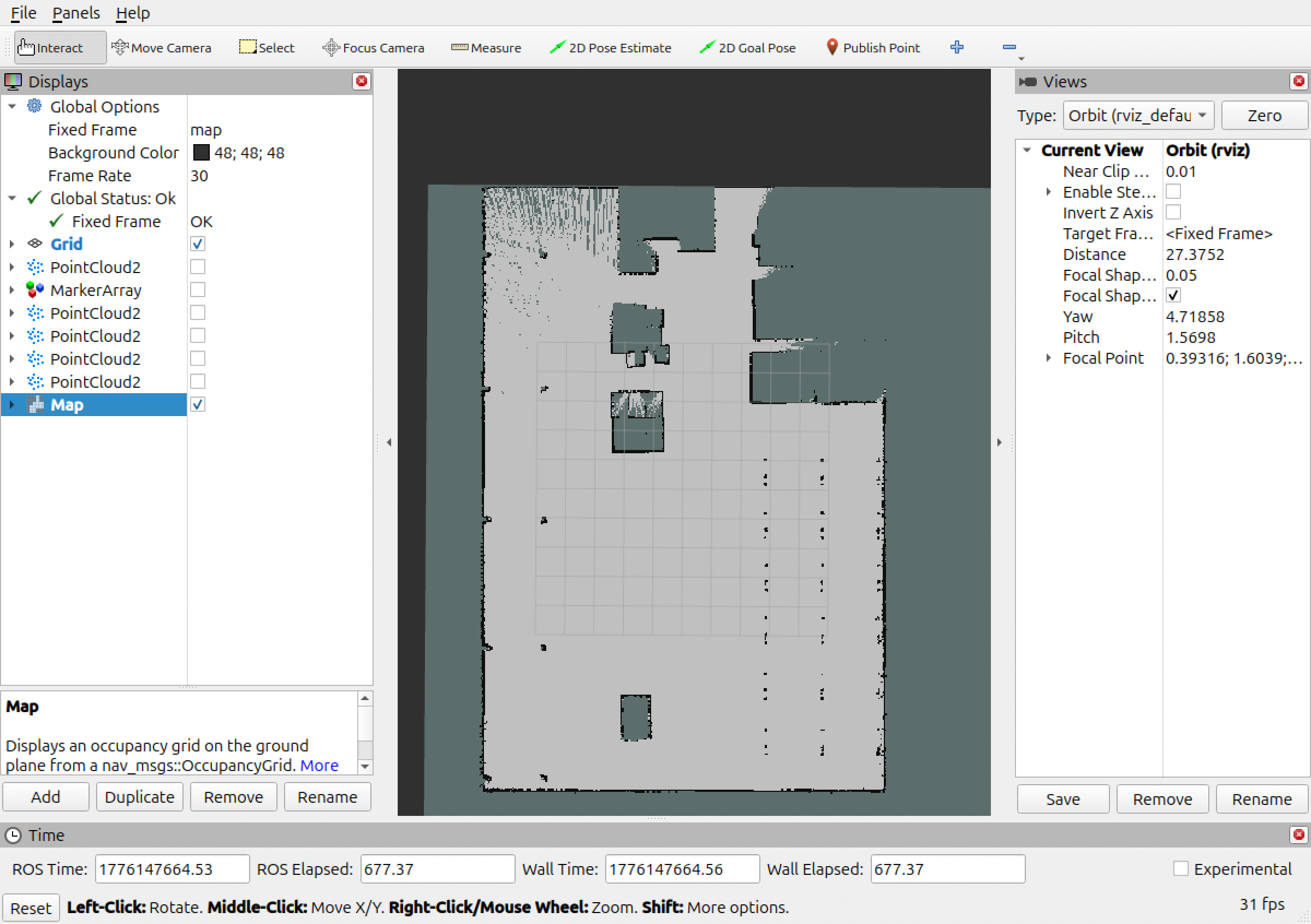Warehouse map visualization in RViz during SLAM — robot visible, map building in real time